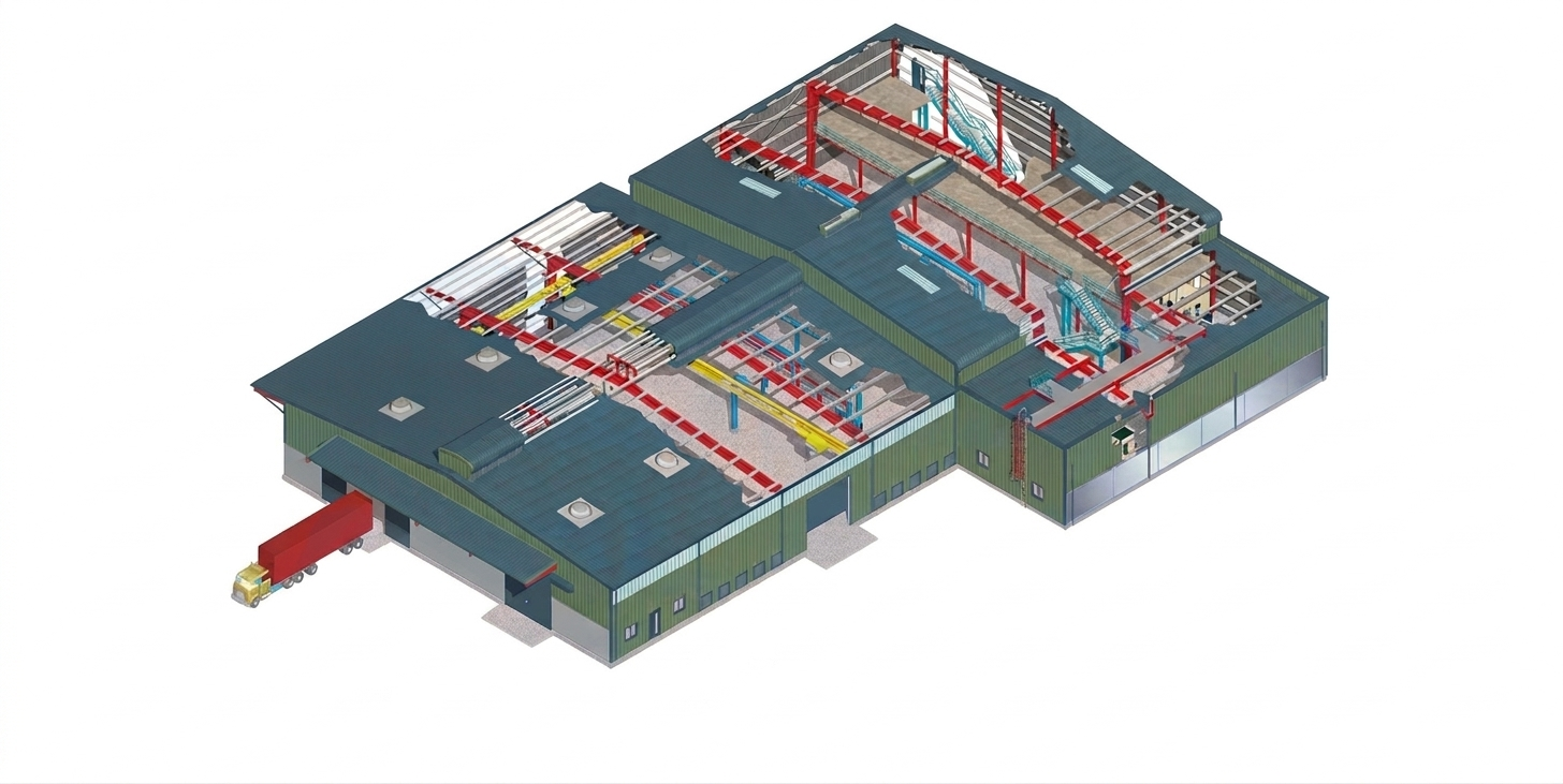 Isometric cutaway of a Shiv Baba Metal Constructions pre-engineered building showing primary and secondary framing, roof and wall panels, mezzanines and dock-loading bay