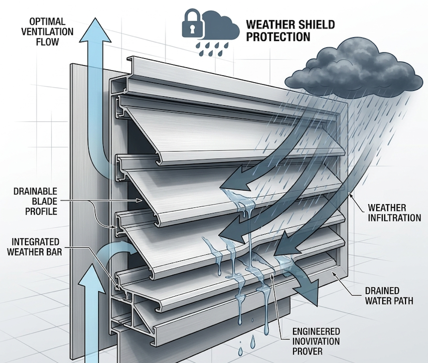 Engineered industrial louver diagram showing drainable blade profile, integrated weather bar, drained water path and weather shield protection