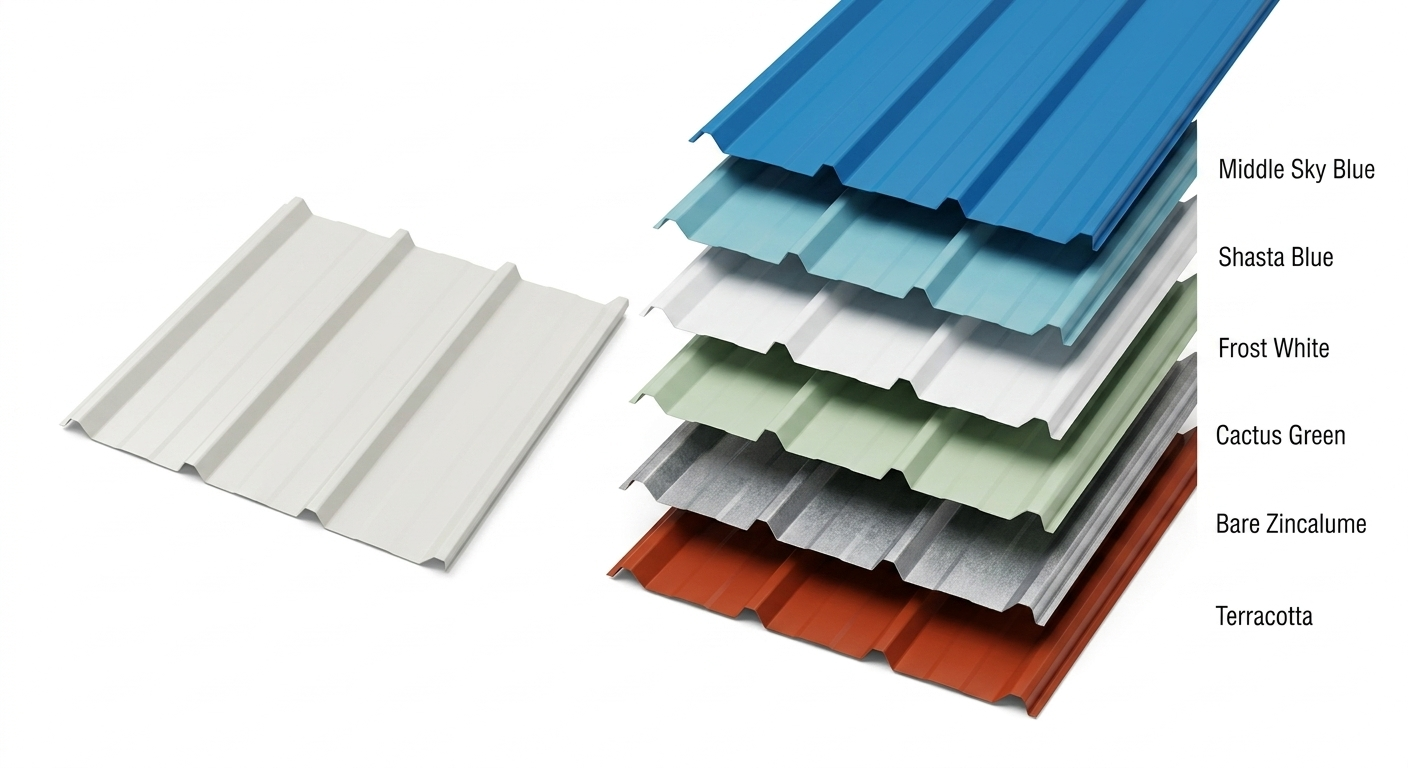Stacked single-skin metal cladding profiles in Middle Sky Blue, Shasta Blue, Frost White, Cactus Green, Bare Zincalume and Terracotta finishes