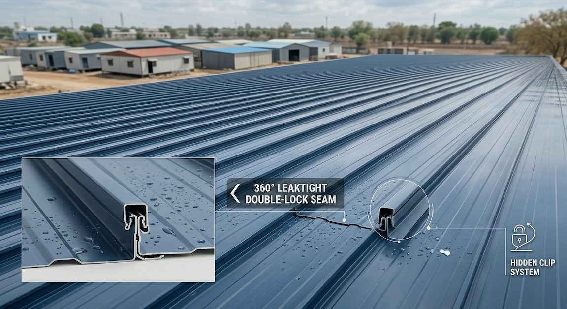 Aerial view of a Shiv Baba standing seam metal roof with detail callouts for the 360° leaktight double-lock seam and hidden clip system